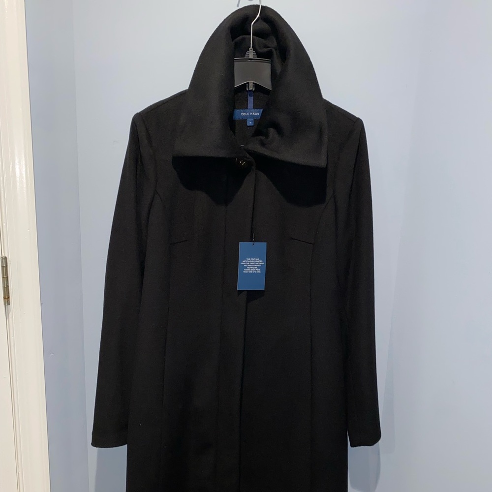 Cole Haan Black Wool & Rabbit Blend Coat StandUp Colar Blue piping detail inside